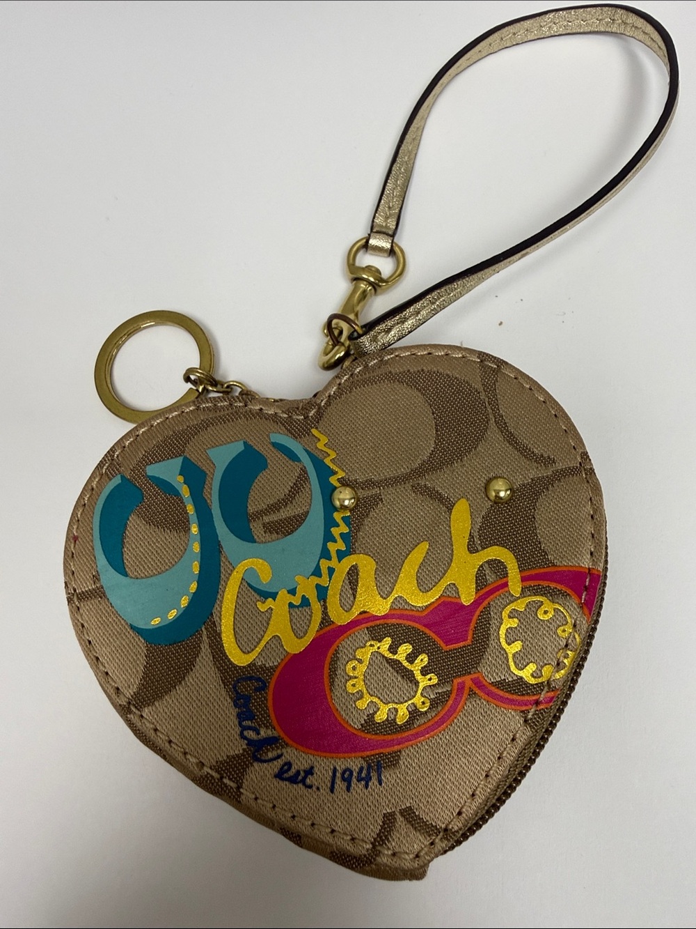 Vintage Y2K Coach Poppy Multicolor Heart Coin Wristlet in Khaki Signature Canvas